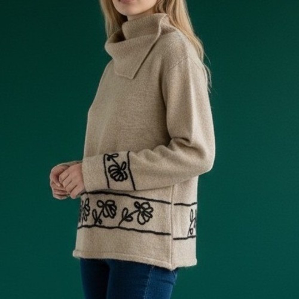 Carol Rose Womens Merino Wool Blend Floral Embroidered Cowl Neck Sweater MEDIUM